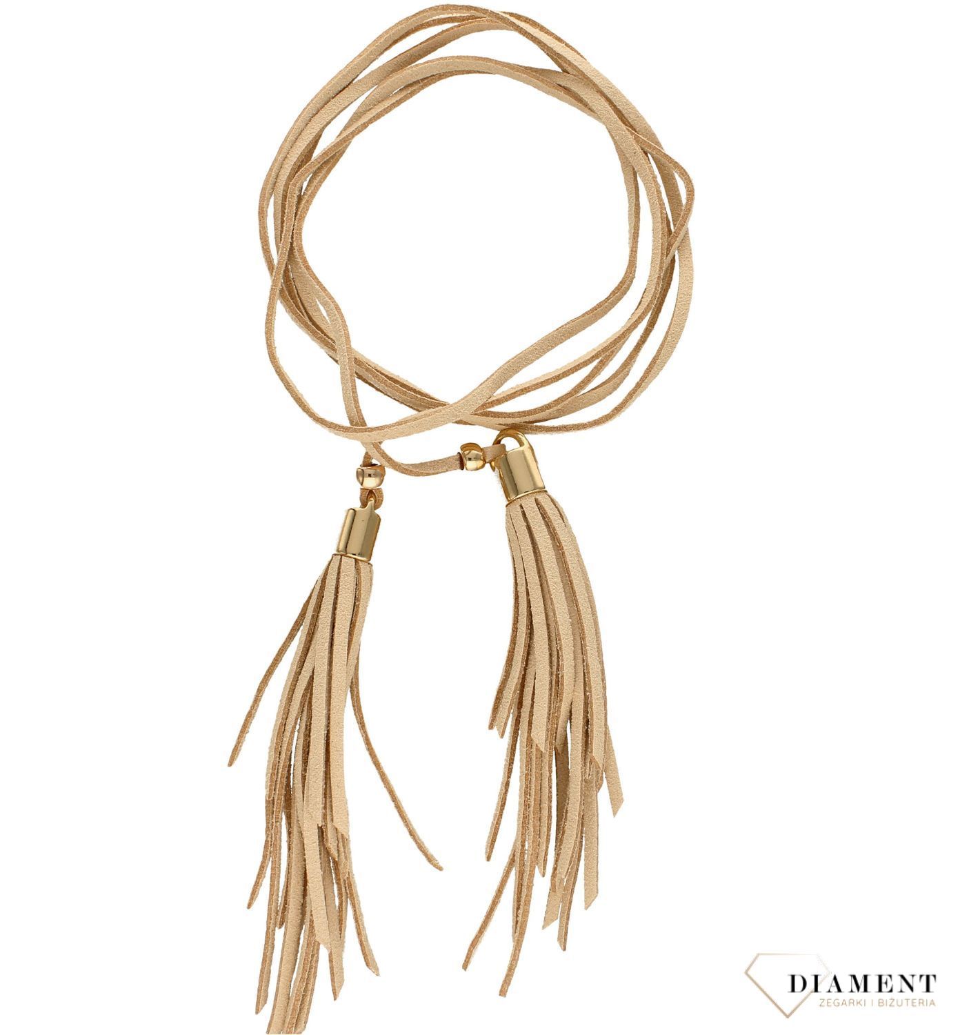 Naszyjnik choker beżowy rzemyk z chwostami i złotymi dodatkami DIA-NSZ-0077-BEŻ Ż. Ciekawy, oryginalny naszyjnik choker to dodatek idealny na lato.jpg